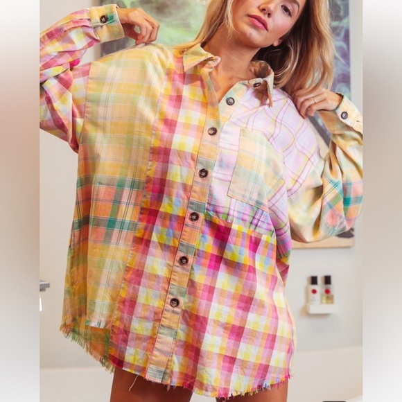 New Trendy Boho Multi Plaid Vintage Washed Distressed Hem Button Down Shirt - Picture 9 of 10